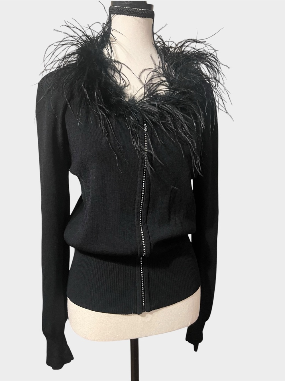Vintage Victoria Harbour Black Feather Rhinestone Zip Cardigan L